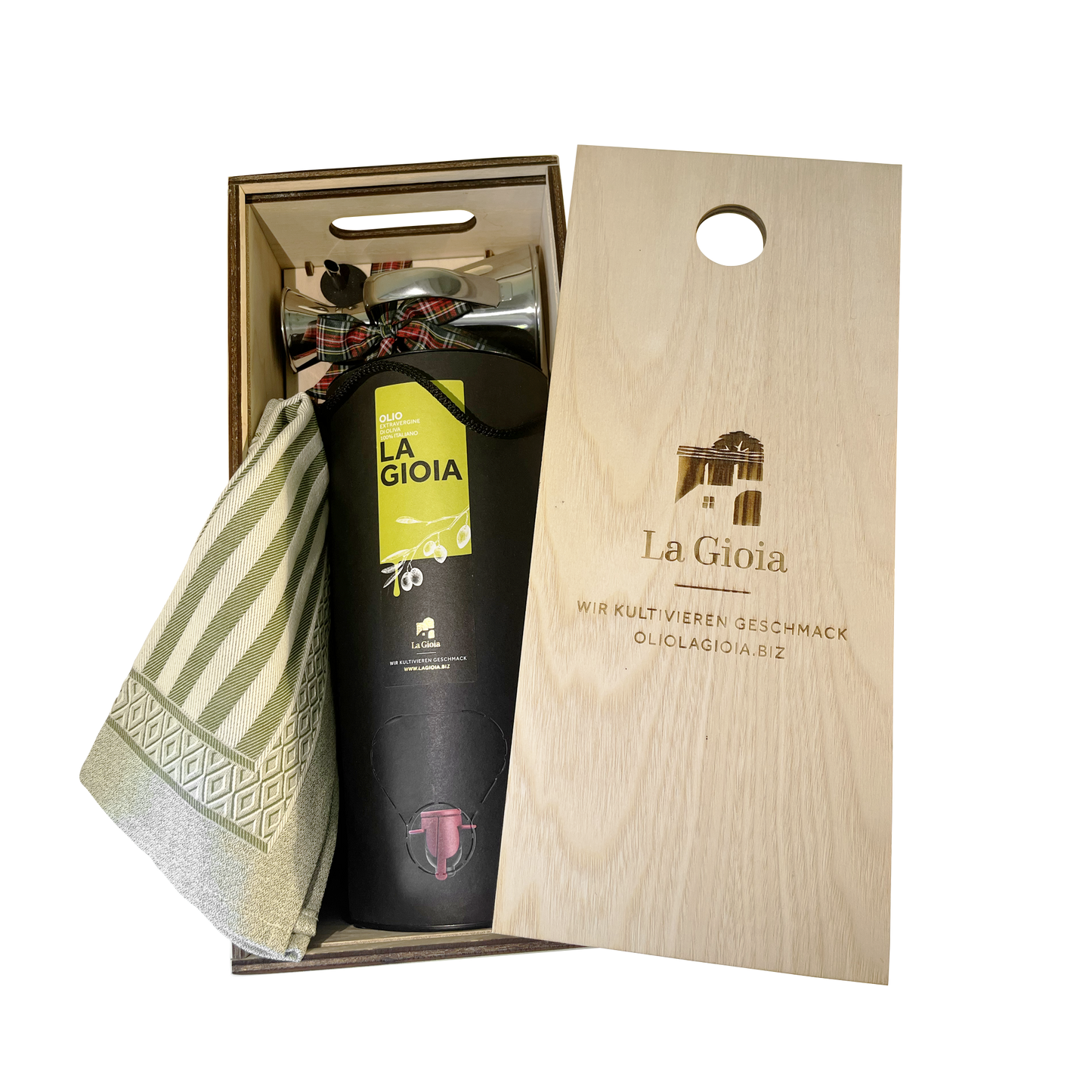Tubo-Box – Confezione regalo con olio d'oliva, oliere e raffinato canovaccio