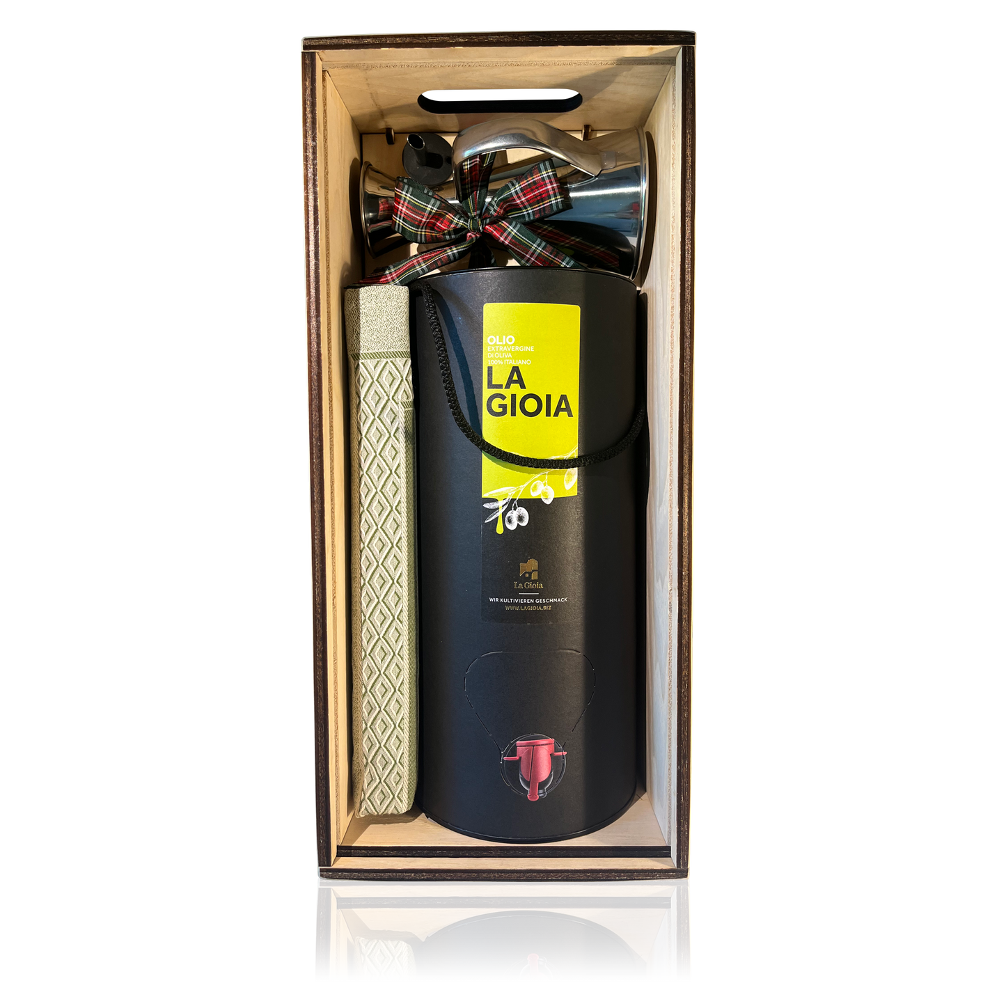 Tubo-Box – Confezione regalo con olio d'oliva, oliere e raffinato canovaccio