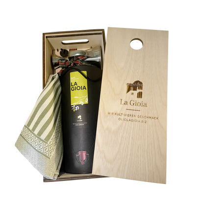 Tubo-Box – Confezione regalo con olio d'oliva, oliere e raffinato canovaccio